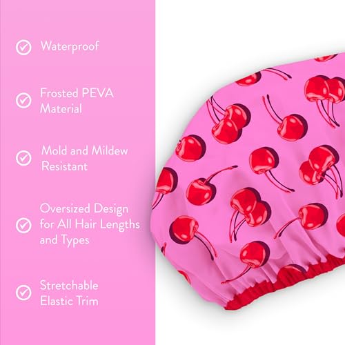 Betty Dain Reusable Bath and Shower Cap, Oversized Waterproof Shower Cap for All Hair Lengths, Frosted PEVA Lining, Elastic Stretch Hem, Ruched with Satin Bow, Cherry Bomb - color: Cherry Bomb