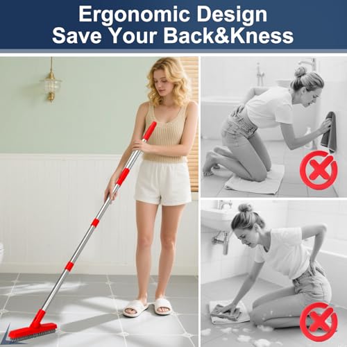 2 Pack Grout Brush with Long Handle, Swivel Cleaning Grout Line Scrubber - Extendable Durable Handle Grout Cleaner Brush for Bathroom,Tile,Baseboard,Walk in Shower,Corner & Narrow Space (Red) - color: Red