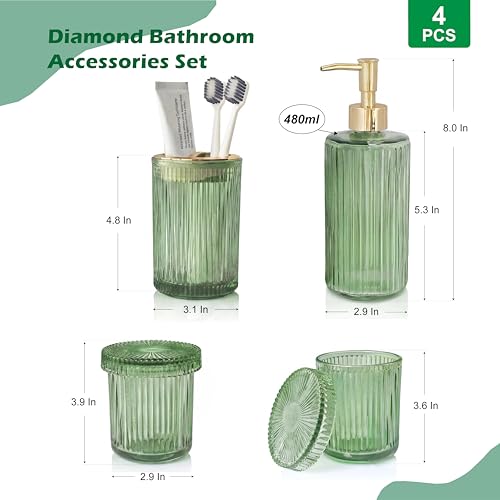 Bathroom Soap Dispenser & Toothbrush Holder Set 4Pcs Green Glass | Bathroom Accessories Set Includes Soap dispenser, Toothbrush holder & Qtip holders, Modern Bathroom Decor, Housewarming gift - style: 4 pcs Green