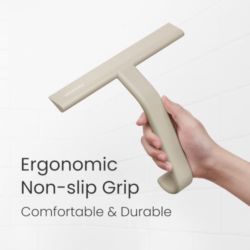 dancemoon JustHang Shower Squeegee for Glass Doors, All-One-Piece Award-Winning Silicone Squeegee with Built-in Hook for Bathroom,Window, Mirror, Tile Wall,Car, Streak-Free Cleaner,10-Inch Light Taupe - color: Light Taupe, size: 10 Inches