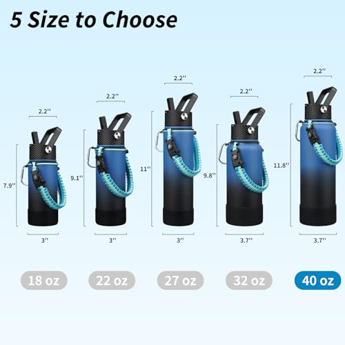BJPKPK Insulated Water Bottle with Straw Lid, 40oz Large Thermal Flasks with 3 Lids, Paracord Handle & Non-slip Boot, BPA Free Leak Proof Stainless Steel Metal Water Bottles, Tumblers, Cups,Blue Black - color: Blue/Black, size: 40 Ounces