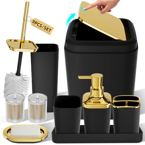 XLHOMO Bathroom Accessories Set - Luxury Black Bathroom Set, 9 Pieces Bathroom Accessory Set, Black Bathroom Accessories with Trash Can, Toilet Brush & Soap Dispenser - color: Black & Gold, size: Bathroom Set