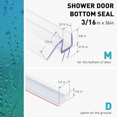 Shower Door Bottom Seal, 2 PCS 3/16" x 36" Shower Door Sweep for 3/16 Inch Glass, Frameless Glass Shower Door Seal Strip, Stop Shower Leaks and Create a Water Barrier - size: For 3/16" Glass
