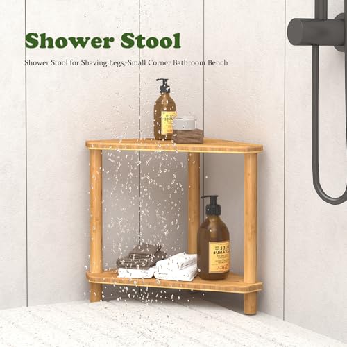 Bamboo Corner Shower Stool,2-Tier Waterproof Shower Stool for Inside Shower Shaving Leg,Small Spaces,Shower Foot Rest with Storage Shelf,Shower Bench,Bath Seat,Corner Nightstand gift for women mom - style: GU-QZST