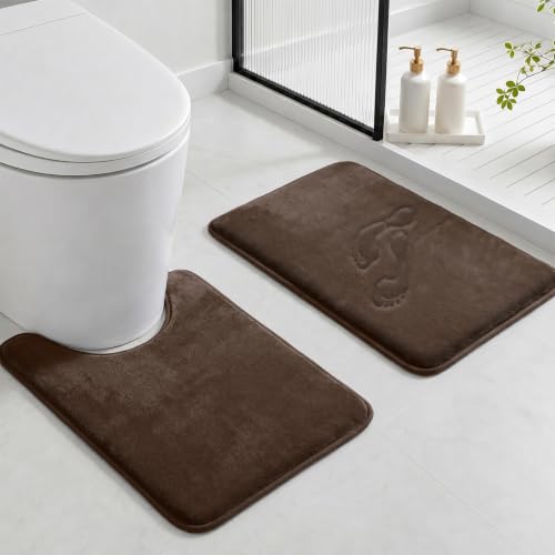 HUXMEYSON Bathroom Rugs Sets 2 Piece, Non-Slip & Quick Dry Bath Mat Set, Ultra Soft Velvet Bath Rugs for Bathroom, Toilet and Shower Floor, Brown - color: Brown, size: 17"x24"+U Shape 20"x24"