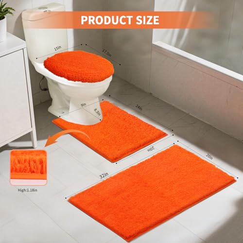Bathroom Rugs Sets 3 Piece with Adjustable Toilet Seat Cover 17.5"x 15" Machine Washable Bath Rug Set with TPR Non Slip Rubber Backing Solid Bath Mat Set for Luxury Bathroom Decoration - color: Orange