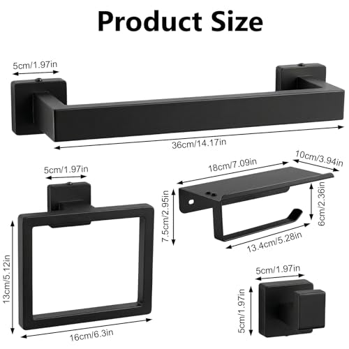 Tudoccy 5-Pieces Matte Black Bathroom Accessories Set, Bathroom Hardware Set SUS304 Stainless Steel Rustproof Wall Mounted - Includes 16" Hand Towel Bar, Toilet Paper Holder with Shelf, Towel Hooks - color: Black, size: 16 Inch 5 pcs