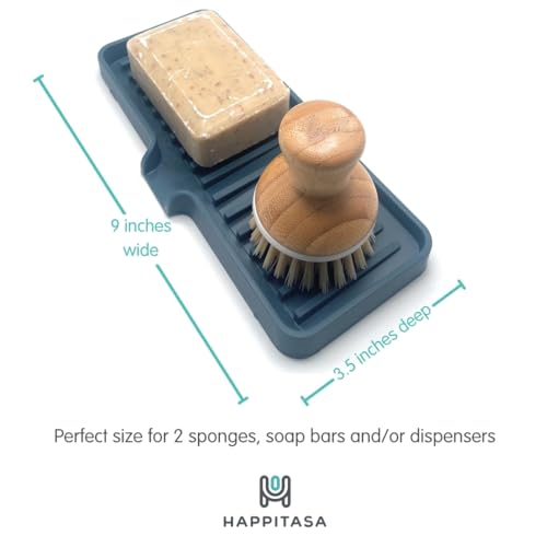 Silicone Soap Dish Tray and Sponge Holder with Drain Chute, Rectangular, Kitchen and Bathroom Sink Organizer (Smoky Blue, 9"x3.5") - color: Smoky Blue, size: (MD) 9"x3.5"