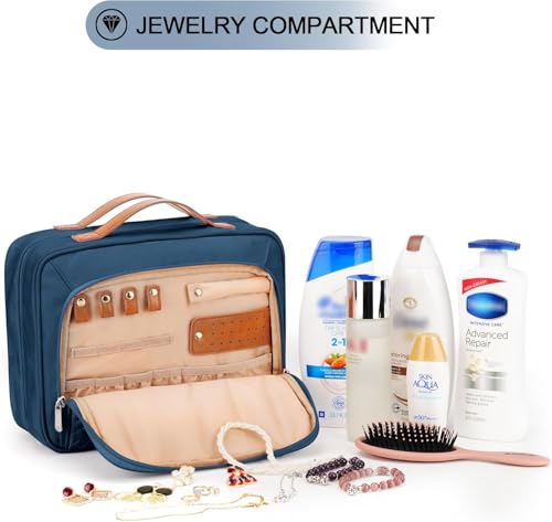 Travel Hanging Toiletry Bag for Women, Extra Large Makeup Bag, Holds Full-Size Shampoo, with Jewelry Organizer Compartment, Waterproof Cosmetic Bag, Toiletries Kit Set with Trolley Belt, Navy Blue - color: Navy Blue, size: Large