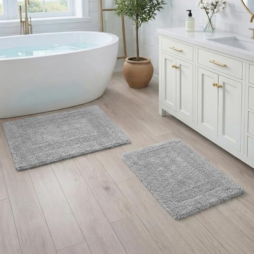 THE BEER VALLEY Set of 2 Reversible Bath Rug 21x32/17x24 Inch - Light Grey | Cotton Absorbent Bathmat for Bathroom, Washable Toilet Throw Thick Mat - color: Light Grey, size: 1'9" x 2'8" (Rectangular)