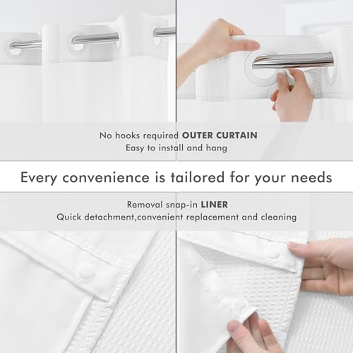 Mrs Awesome No Hook Shower Curtain with Snap-in Liner, Embossed Waffle Design Fabric Shower Curtain for Bathroom, Soft & Lightweight, 71x80, White - color: White, size: 71"W x 80"L (Pack of 1)