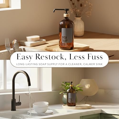 SAVVY & SORTED Amber Glass Dish Soap Dispenser for Kitchen Sink 1 Liter, Large Kitchen Soap Dispenser Set with Permanent Label, Refillable Glass Bottle for Dish Washing Liquid, 34 Fl Oz - color: Amber - Dish Soap 1 Ltr