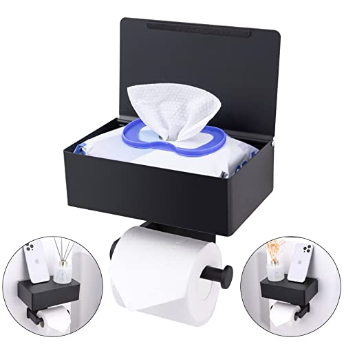 Adhesive Toilet Paper Holder with Shelf and Storage, Wall Mount Toilet Paper Roll Holder & Flushable Wipes Dispenser Set Fits Any Bathroom, Stainless Steel Tissue Holder-Round, Black - color: Matte Black Ground