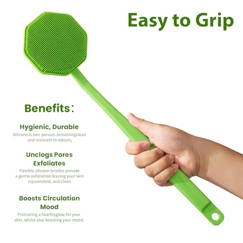 iTokGoK® Silver-Infused Silicone Back Scrubber with Long Handle Back Brush for Shower,Back Brush Long Handle for Men and Women,Ergonomic No-Slip Handle, Long-Lasting (Green) - color: Green
