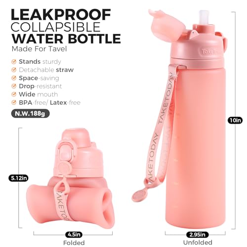 TakeToday Collapsible Water Bottles 21oz (600mL), Foldable Platinum Silicone Travel Water Bottle with Straw & Carry Strap, Leak-Resistant Screw Lid, Wide Mouth, BPA-Free for Hiking, Camping, Travel - color: Cherry Breeze