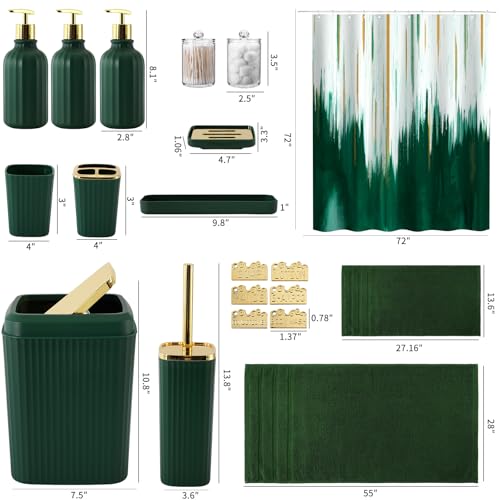 32PCS Bathroom Accessory Set Green Bathroom Accessories Bathroom Set, Shower Curtain Set, 2 Piece Bath Towel Set, 3PC Soap Dispenser, Toilet Brush & Trash Can - size: Bath Set + Oil Painting Shower Curtain + Towel Set, style: Dark Green