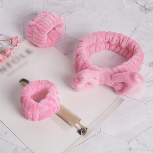WSYUB Pink Spa Headband and Wristband Set for Face Washing - color: Pure Pink
