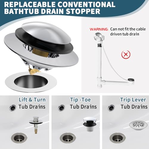 Bathtub Drain Stopper with Hair Catcher, Anti Clogging Bath Tub Drain Stoppers, Replaces Lift and Turn, Tip-Toe and Trip Lever drains for Tub, Easy Install and Clean (Chrome Silver)