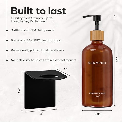 Amber Shampoo and Conditioner Dispenser Set Wall Mounted by Brighter Barns - Refillable Shampoo Dispenser for Shower Wall 3 Chamber No Drill - Plastic Shower Bottles for Guest Bathroom, Hotel (Amber) - color: Boho (Amber)