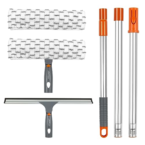 Squeegee for Window Cleaning,12" Squeegee and 11" Microfiber Scrubber Combi with Stainless Steel Pole,Extendable Window Cleaner for Car,Sliding Door,Shower Glass Door-Swivel Style-2 Pads - color: Orange, size: 12" Squeegee