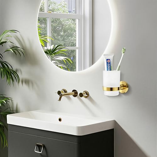 Toothbrush Holder with Frosted Glass Cup, Stainless Steel Wall Mounted Mouthwash Tumbler Holder for Bathroom, Toothpaste & Toothbrush Organizer, Brushed Gold - color: Gold