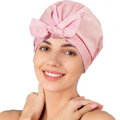 Shower Cap for Women Reusable Waterproof, Large Satin Shower Bonnet, Washable Bath Hat for Long Hair, Braids, Curly Hair, Pink - color: Pink