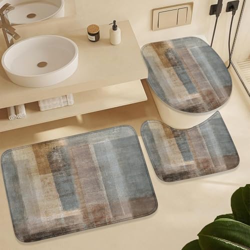 4Pcs Shower Curtain Set, Brown Grey Rustic Vintage Farmhouse Bathroom Shower Curtain with Rugs and Accessories,with Non-Slip Rugs, Toilet Lid Cover and Bath Mat for Bathroom Decor Set - color: Brown Grey