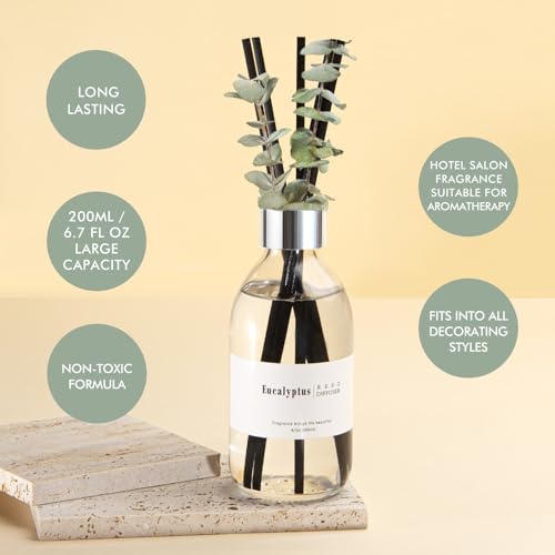 Clesh Reed Diffuser Set, 6.7 oz Eucalyptus Scented Diffuser with Sticks, Home Fragrance Reed Diffuser for Bathroom Shelf Decor