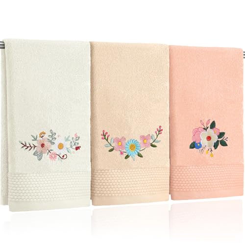 Tingjoo 3 Pcs Spring Fancy Flowers Hand Towels Boho Soft Embroidered Modern Pink White Floral Bath Towels Washable 14x29 Inch Farmhouse Decorative Spring Summer Cotton Cute Decor for Bathroom Kitchen - color: Brown Yellow Pink, style: Bohemian