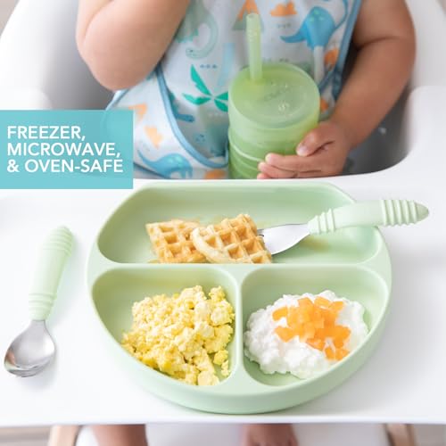 Bumkins Toddler and Baby Suction Plate, Divided Grip Dish for Babies and Kids, Baby Led Weaning, Feeding Supplies, Sticks to Tables and Highchairs, Platinum Silicone, for Chidren 6 Months, Sage - color: C3 Sage-GD