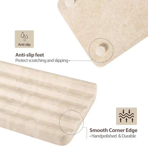 Koville 2PCS Travertine Soap Dishes for Shower, Marble Soap Dish Bar Soap Holder for Sink, Stone Soap Tray for Bathroom, Stripe Grooves Saver Keep Bars Dry Easy Clean - color: Travertine