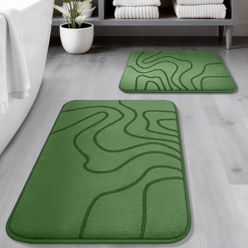 YIHOUSE Memory Foam Bathroom Rugs Sets 2 Piece - Extra Thick Ultra Soft Absorbent Bath Mat Set, Non-Slip Machine Washable Bath Rugs for Bathroom, Tub & Shower, Home Decor (32"x20"+24"x17",Olive Green) - color: Olive Green, size: 1'5" x 2'8" (17"x24"+20"x3