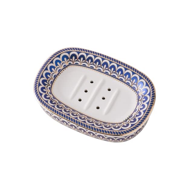 Self Draining Soap Dish, Double-Layer Bar Soap Tray, White Ceramic Soap Dish with Elegant Patterns (Style C) - color: Style C