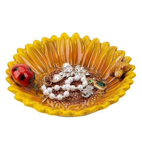 Sunflower Jewelry Dish Trinket Tray Ceramic Key Tray Bowl for Entryway Table, Sunflower Candy Dish Soap Holder Gift Decorative Bowl for Home Decor Kitchen Bathroom Sink (Bee, Ladybug)
