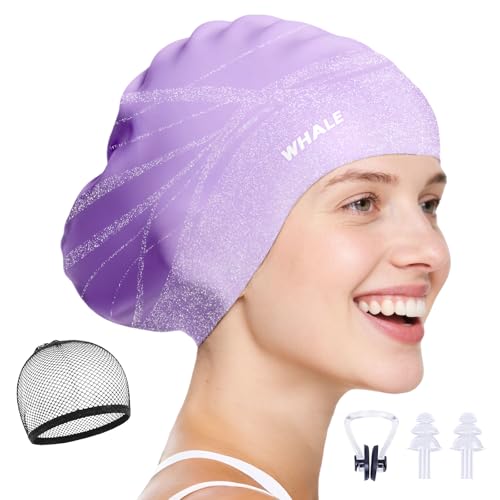 WHALE Extra Large Swim Cap Designed for Men and Women with Thick, Long Hair, Hair Extensions Or Afro-Textured Hair Long-Hair Swim Cap Highly Waterproof to Keep Hair Dry - color: Light purple