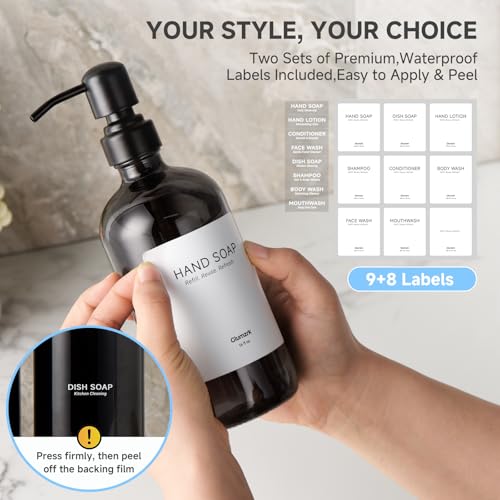 2 Pack Kitchen Soap Dispenser Set - 16oz Black Glass Dish and Hand Soap Dispenser with Stainless Steel Pump, Instant Dry Tray, Dish Brush & Holder, Refillable Countertop Sink Decor for Kitchen & Bath - color: Black