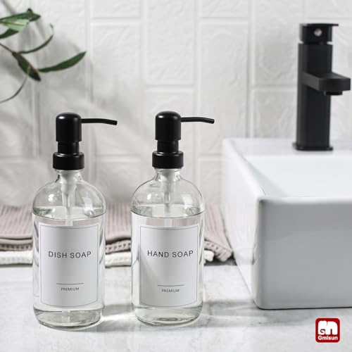 GMISUN Glass Soap Dispenser with Pump, 2 Pack Clear Bathroom Hand Soap Dispenser with Stainless Steel Pump, 17 Fl Oz Refillable Kitchen Hand and Dish Soap Dispensers Set, Modern Liquid Pump Bottles - color: Clear Bottle + Black Pump