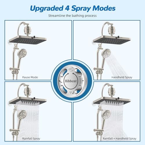 Hibbent 5-spray Dual Filtered Rainfall Shower Head Combo, High Pressure 13'' Showerhead with 10 Spray Mode Handheld, Easy Reach 4-way Diverter Arm with Pause Mode, 71'' Hose & Holder, Brushed Nickel - color: Brushed Nickel, style: Square 13" with filter