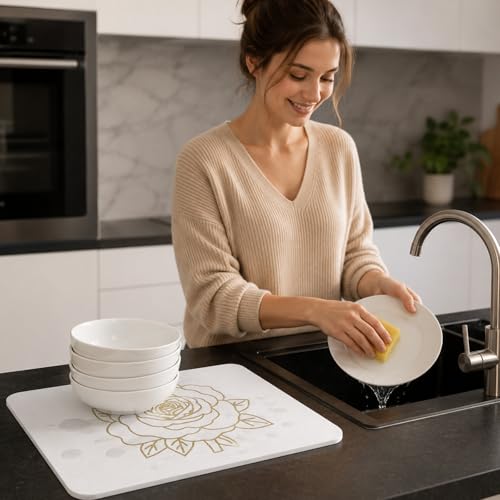 Stone Dish Drying Mat for Kitchen Counter, Glittery Resin Rose Pattern Quick Drying Mat, Water Absorbing Diatomaceous Pad for Plate Bottle Utensil Rack,Space Saving (Gold & White, 16"×12")