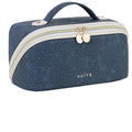 Prite Makeup Bag for Women Travel Waterproof Vegan Leather Cosmetic Bag Open Flat Toiletry Bag With Clear Divider and Handle (Blue Flower, Large) - color: Blue Flower, size: Large