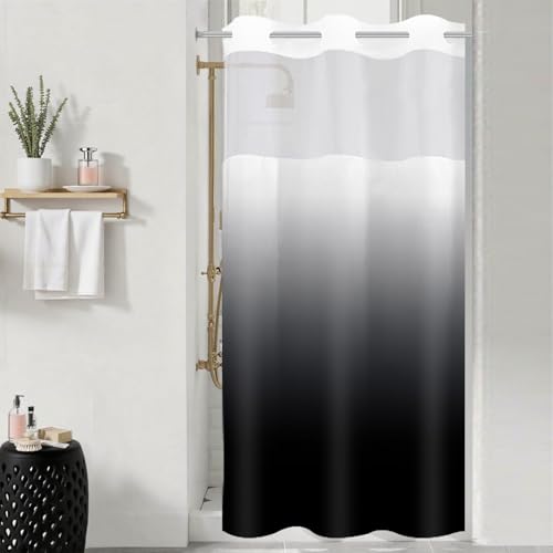 Small Stall No Hook Shower Curtain with Snap in Liner, Black and White Shower Curtains and Liner Set, Ombre Hotel Fabric Bath Curtain for Bathroom, Mesh Top Window Waterproof Washable, 36 x 74 - color: Ombre Black, size: 36"W x 74"L (Pack of 1)