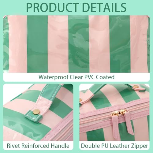 DYSHAYEN Stripe Travel Makeup Bag with Compartments Clear Coated Cosmetic Bag for Women, Waterproof Portable Open Flat Toiletry bag （Pink-Green） - color: Pink-Green