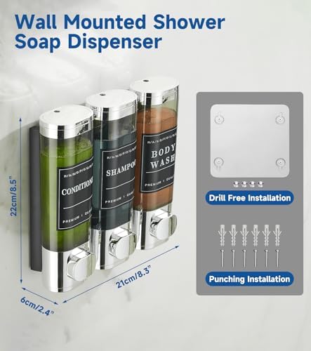 Shower Soap Dispenser Wall Mounted No Drill Shampoo Dispenser for Shower Wall Shampoo and Conditioner Dispenser Bathroom Hotel 3 * 300ml Chrome 1 - color: Chrome