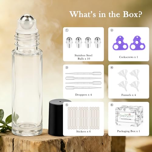 PrettyCare 24 Pack, 10 ml Essential Oil Roller Bottles with Stainless Steel Roller Ball - Refillable Leak-proof Empty Thick Clear Glass Roll on Bottles with Black Caps for Travel, Perfume - color: Clear with Black Cap, size: 24 Pack