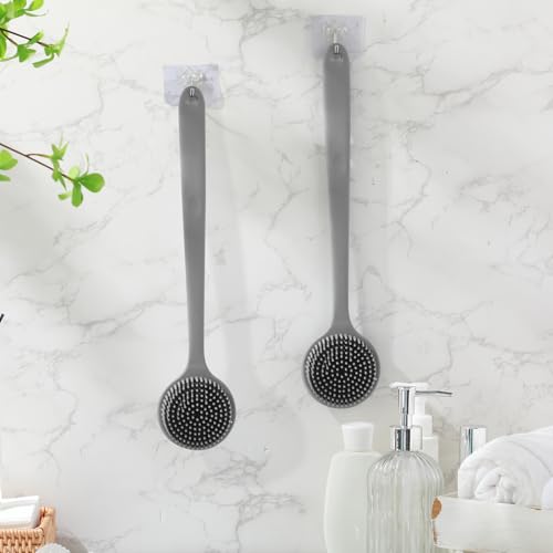 Sunnyray 2 Pack Silicone Back Scrubber for Shower with 15" Long Handle Double-Sided Bath Body Brush for Exfoliating Easy to Clean Quick Dry Deep Cleaning Lathers Well(Grey) - color: Grey
