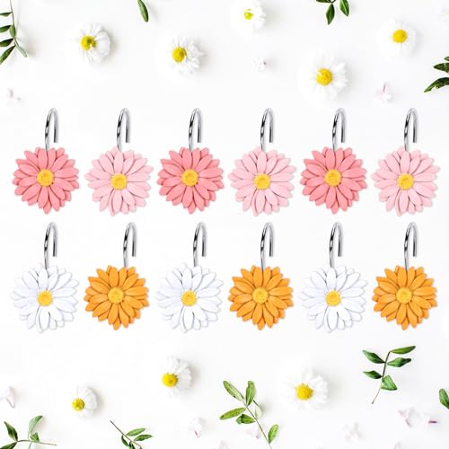 Whaline 12Pcs Boho Daisy Shower Curtain Hooks Summer 4 Colors Flower Shower Rod Rings Floral Decorative Curtain Hanger Hooks for Living Room Bedroom Bathroom Decor - color: Boho Colors