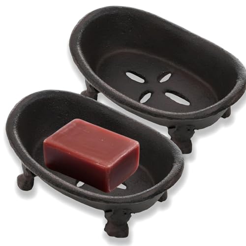2 Pieces Bathtub Soap Dish, Mini Cast Iron Soap Holder, Heavy Duty Vintage Metal Planter Jewelry Organizer, Decorative Sponge Trays for Bathroom Shower Kitchen Countertop Sink, Antique Brown