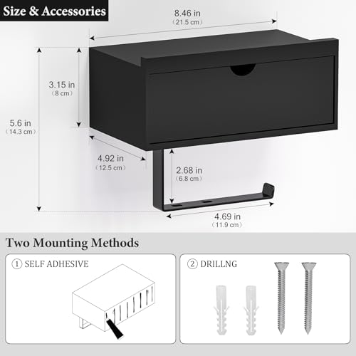 Domax Standard 8.46" Bamboo Toilet Paper Holder with Shelf and Storage Drawer - Wall Mount or Adhesive Bathroom Organizer for Tampons, Cotton Swabs, Wipes or More, Black - color: Black