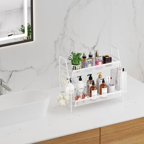 VITVITI 2-Tier Bathroom Organizer Countertop, Metal Wire Mesh Bathroom Counter Organizer Storage with Basket Hooks, Vanity Tray Shelf, Kitchen Spice Rack, White - color: 2 Tier Large White