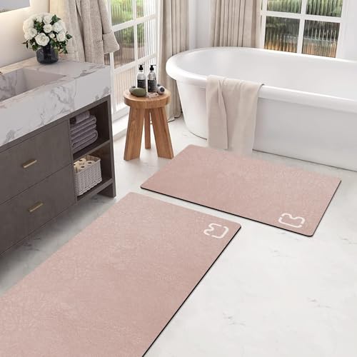 2 Piece Bathroom Rugs Mat Set - Quick Dry Diatomaceous Earth Bath Mat for Bathroom Non-Slip Bath Rug with Rubber Backing, Absorbent Bath Mat Thin Bath Floor Mat, 15.7x23.6+15.7x47.2 Inch, Blush Pink - color: Blush Pink, size: 1'4" x 3'11" (Runner)